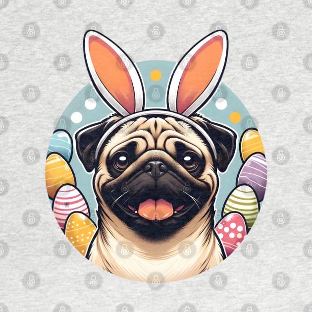 Pug Celebrates Easter with Bunny Ears and Colorful Eggs by ArtRUs